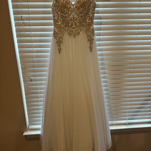 Macy's Say Yes to The Prom Elegant Ivory  and Gold Prom Dress